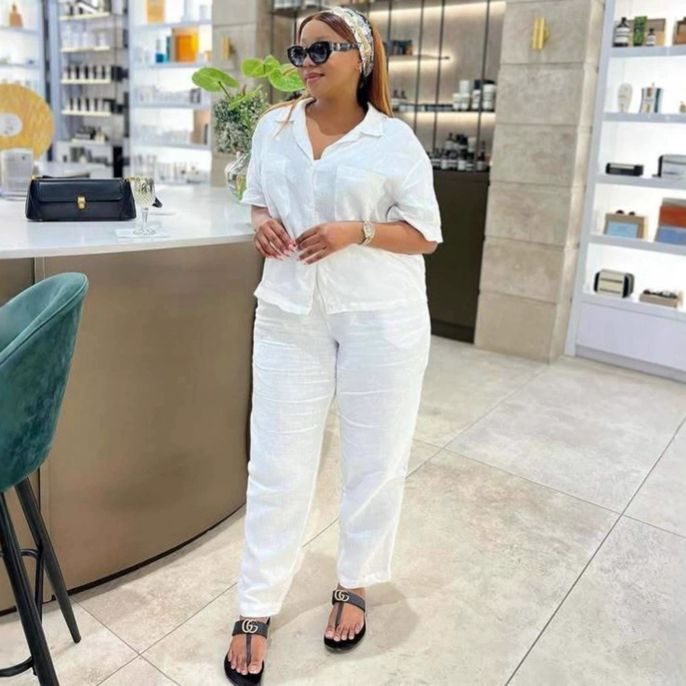 ZARA African Solid Short Sleeve Polo Shirt Long Pants Set for Women